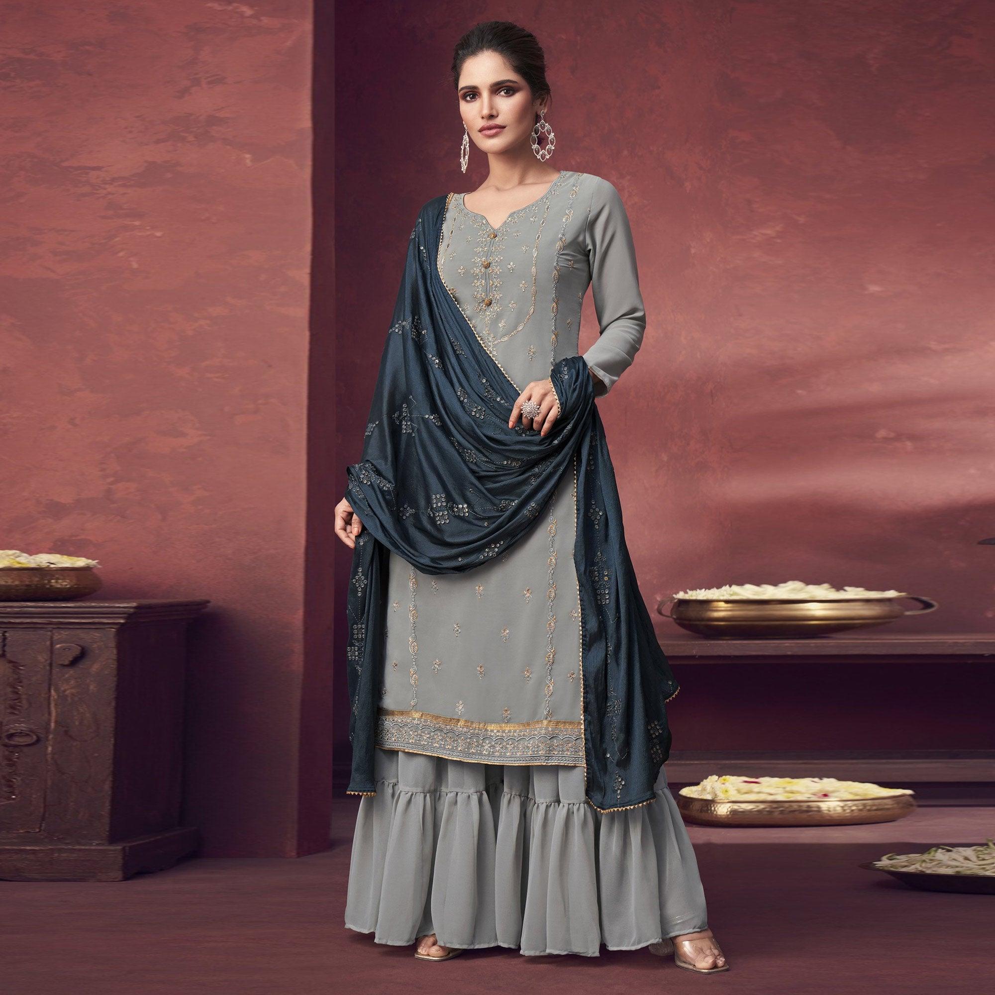 Grey Embroidered Georgette Sharara Suit - Peachmode