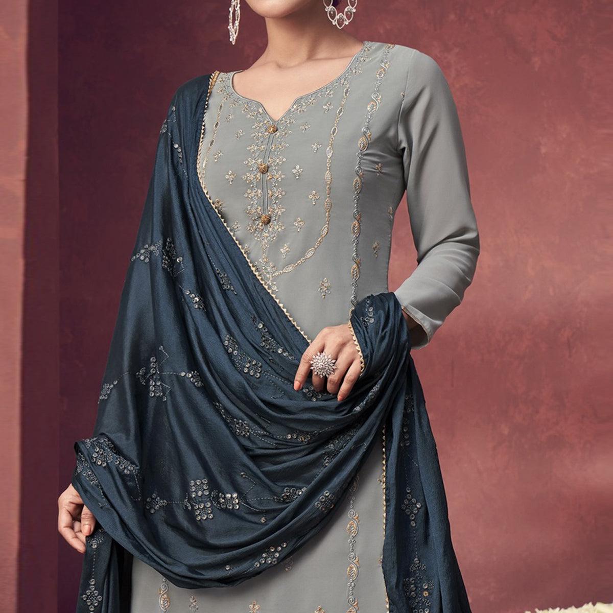 Grey Embroidered Georgette Sharara Suit - Peachmode