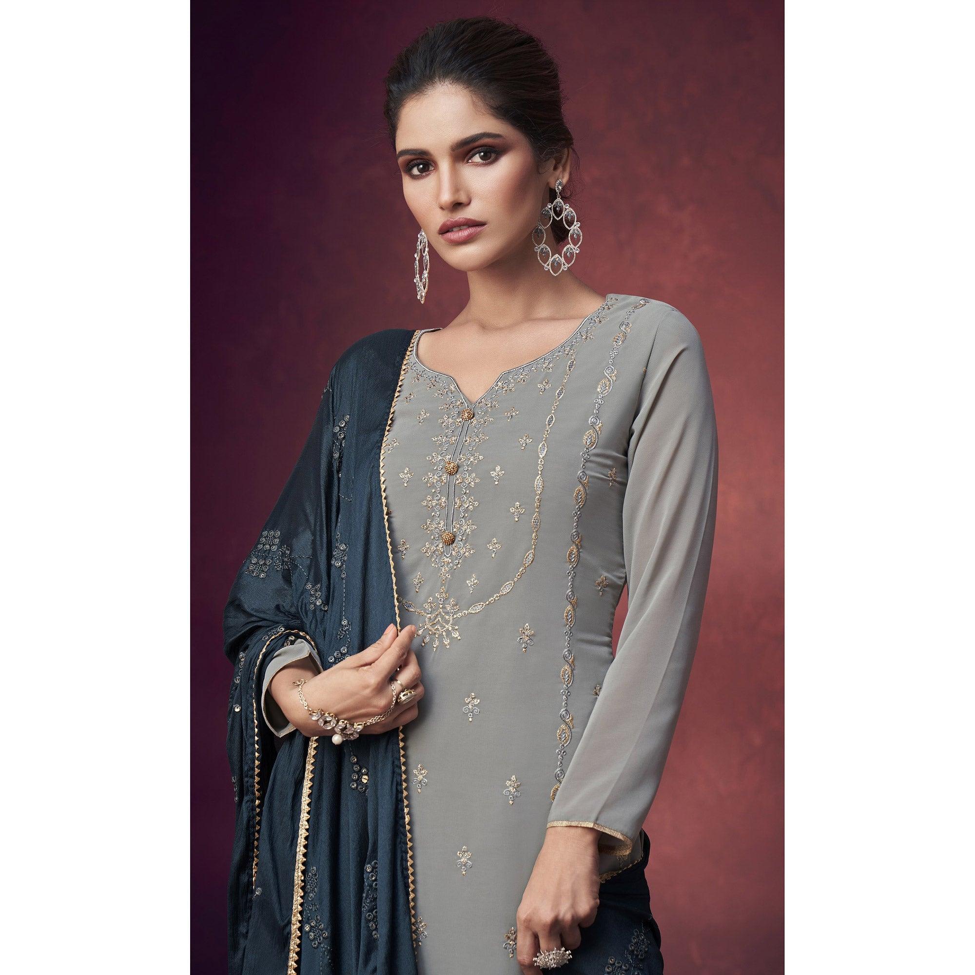Grey Embroidered Georgette Sharara Suit - Peachmode
