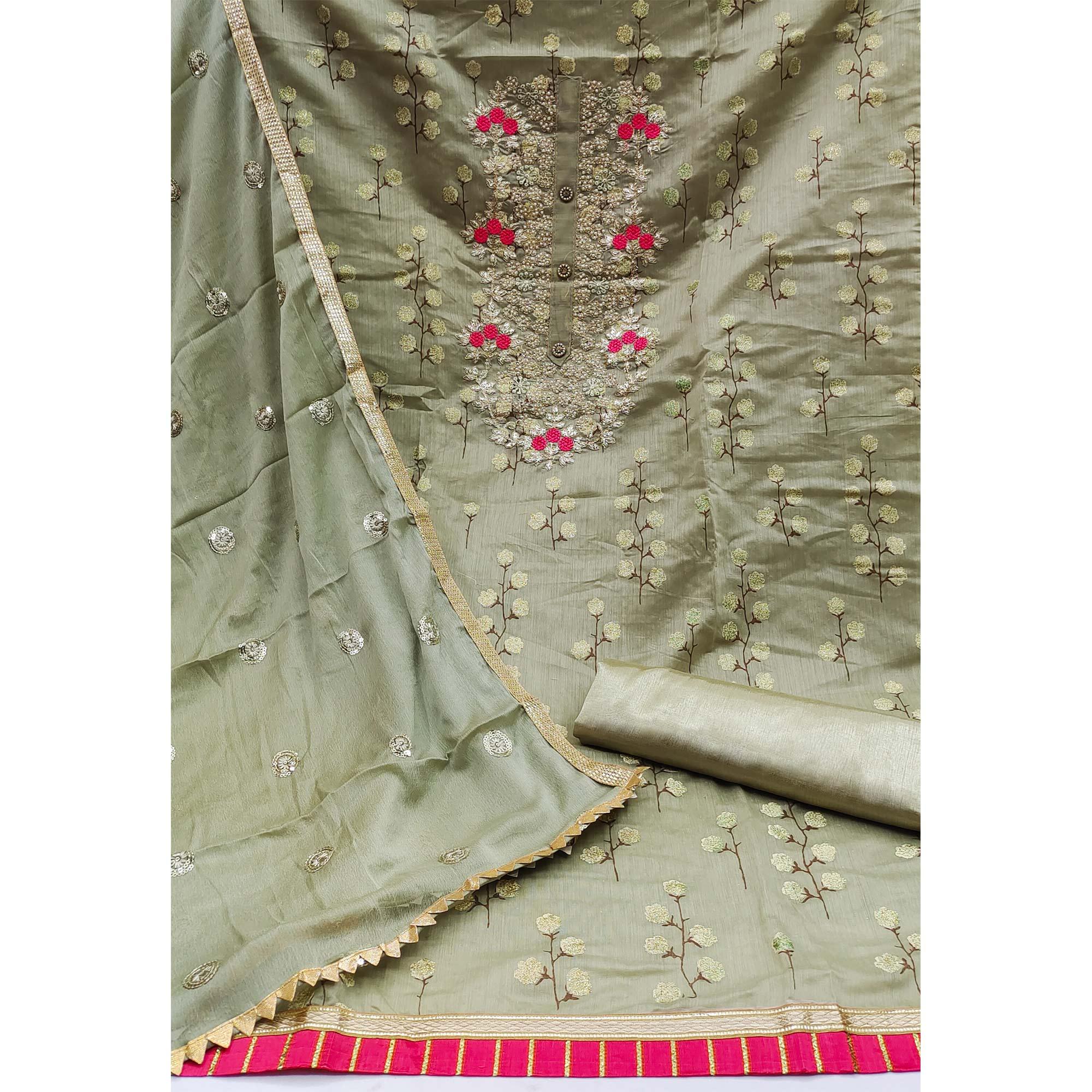 Grey Embroidered Handwork Fancy Farbric Dress Material - Peachmode