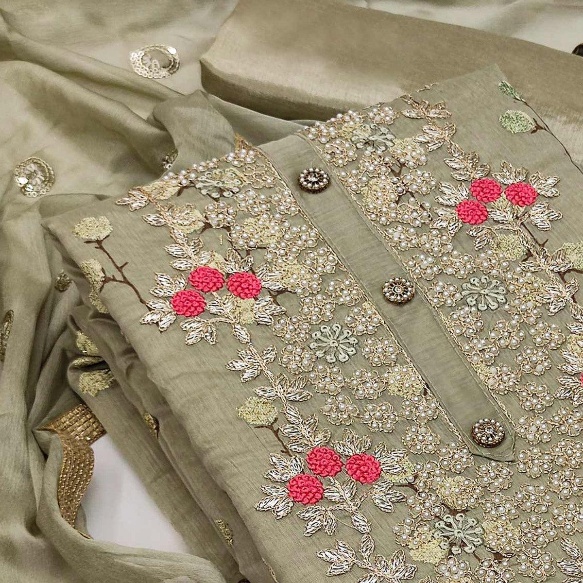 Grey Embroidered Handwork Fancy Farbric Dress Material - Peachmode