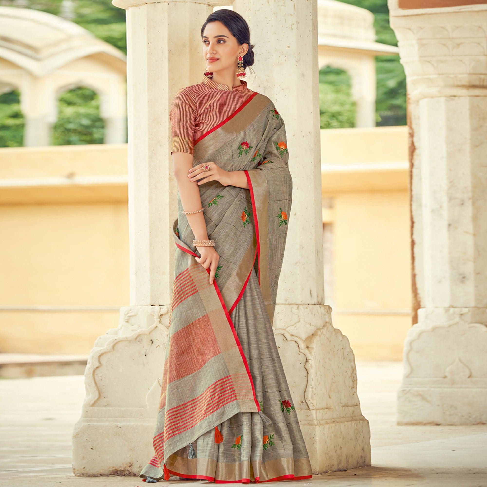 Grey Embroidered Linen Saree With Tassels - Peachmode