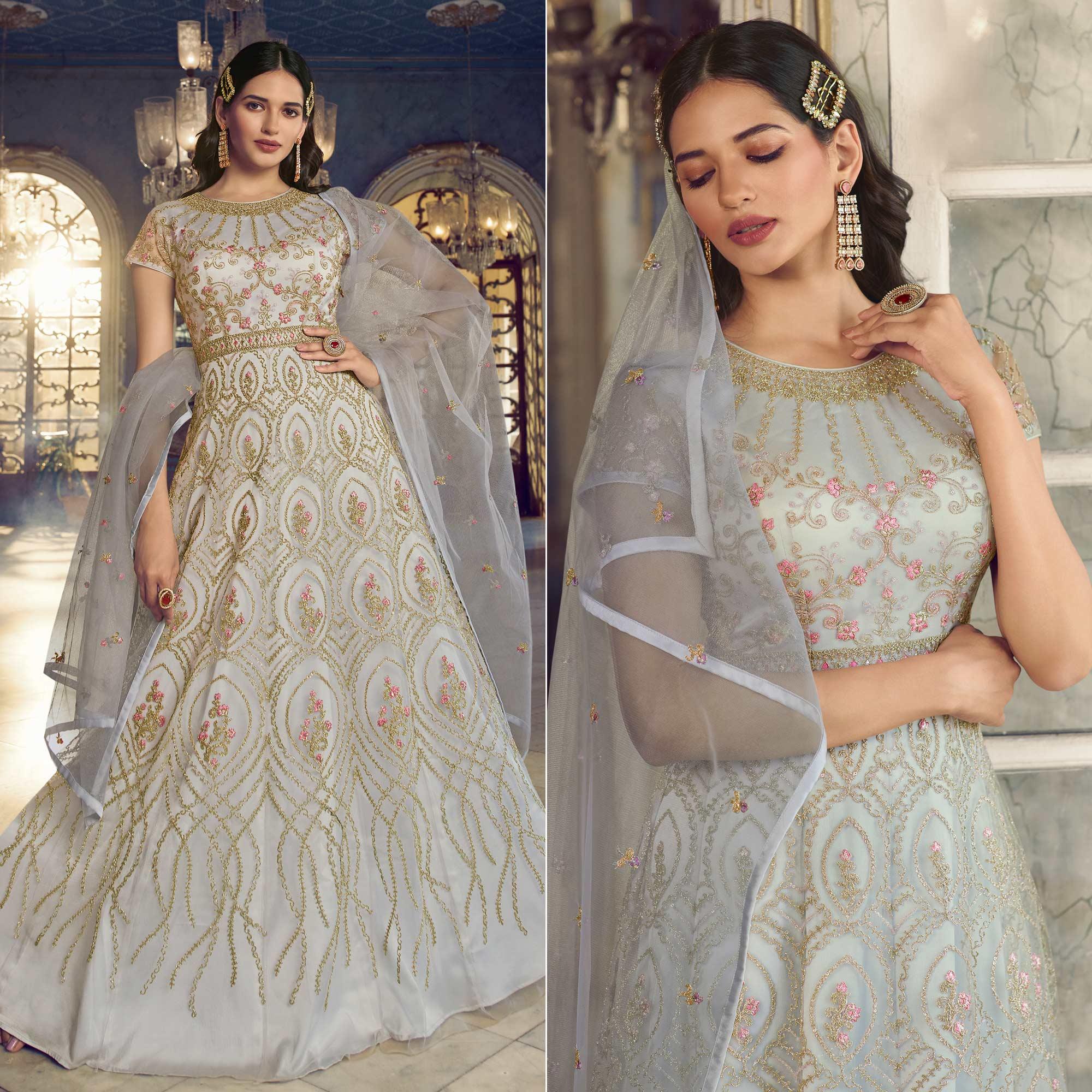 Grey Embroidered Netted Anarkali Style Gown - Peachmode