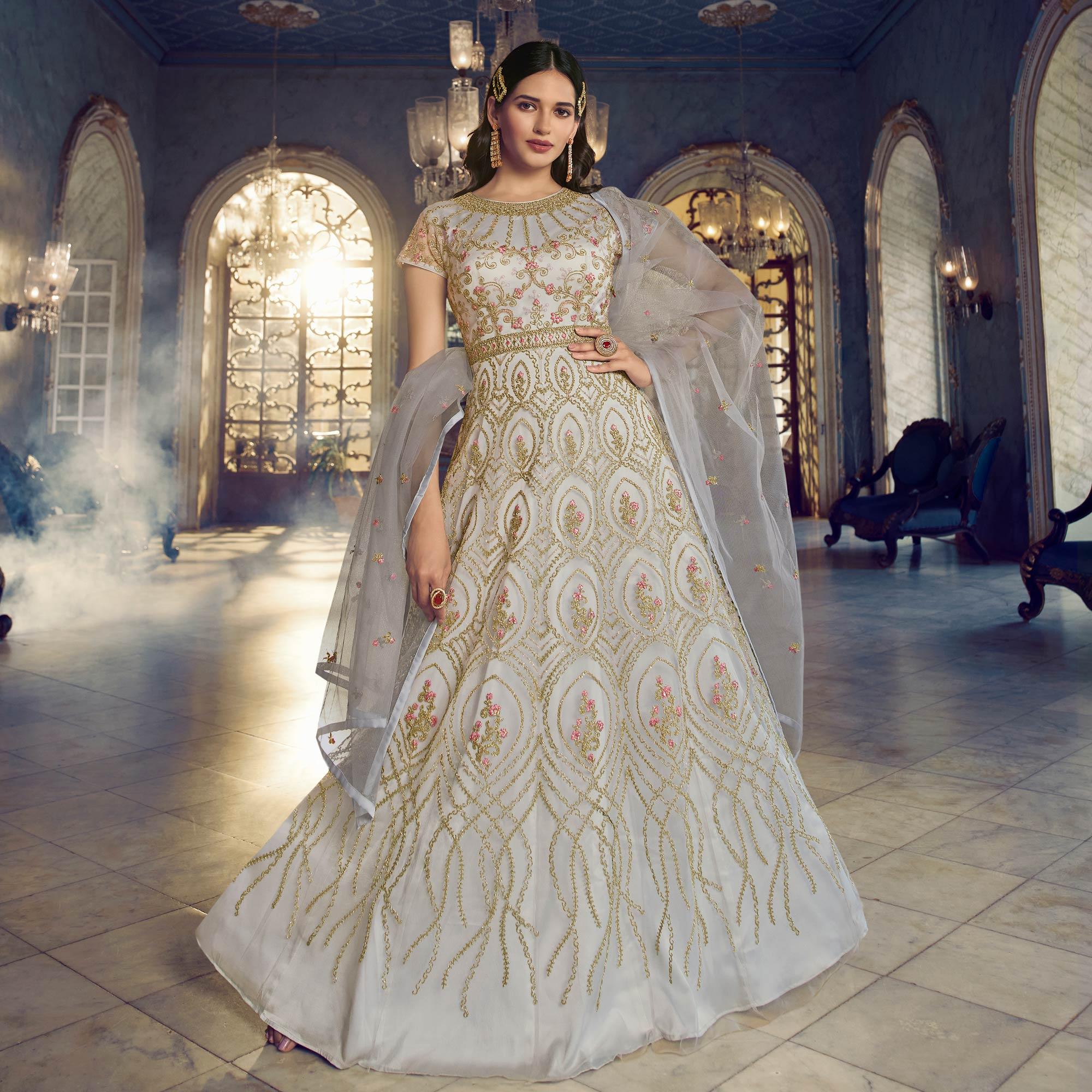 Grey Embroidered Netted Anarkali Style Gown - Peachmode