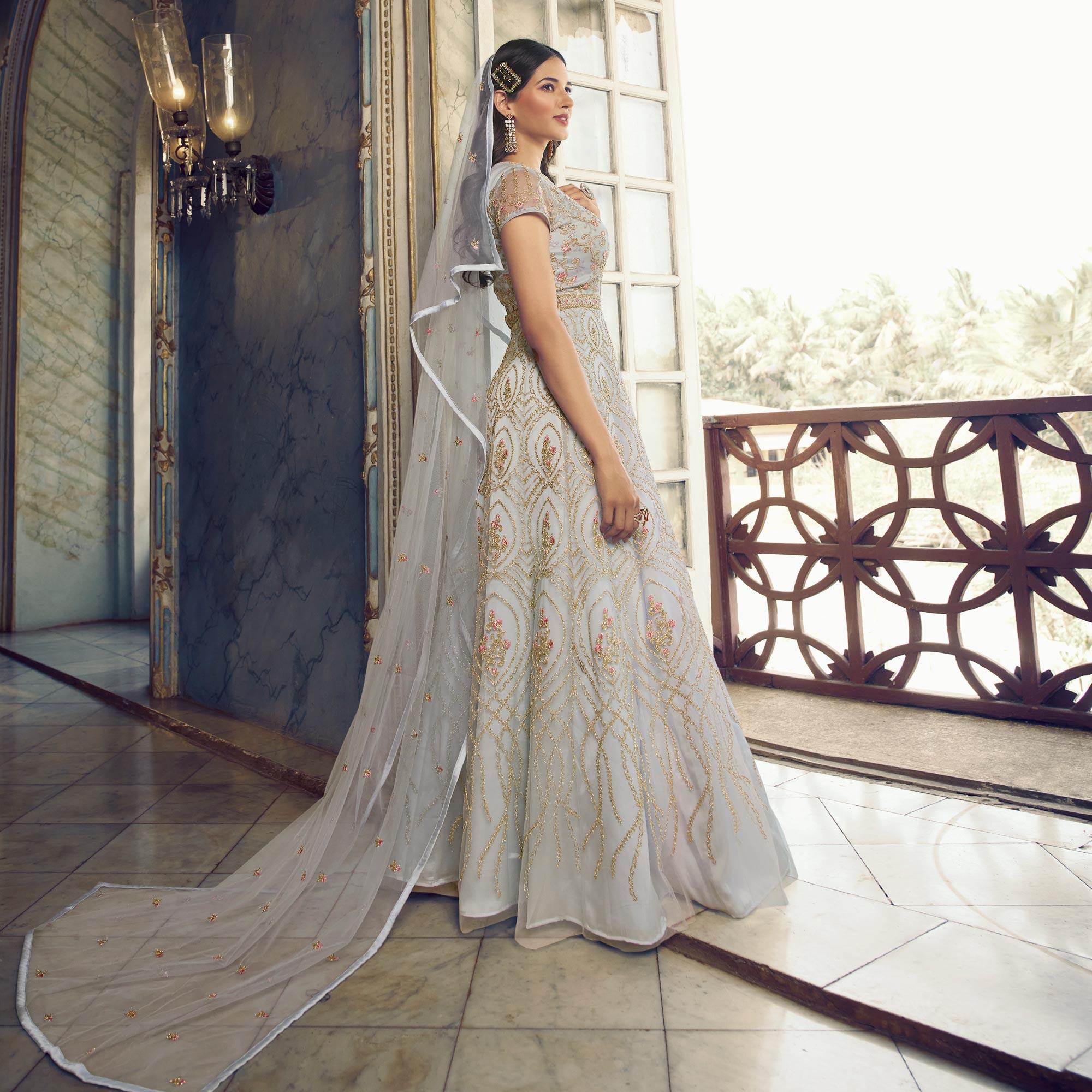 Grey Embroidered Netted Anarkali Style Gown - Peachmode