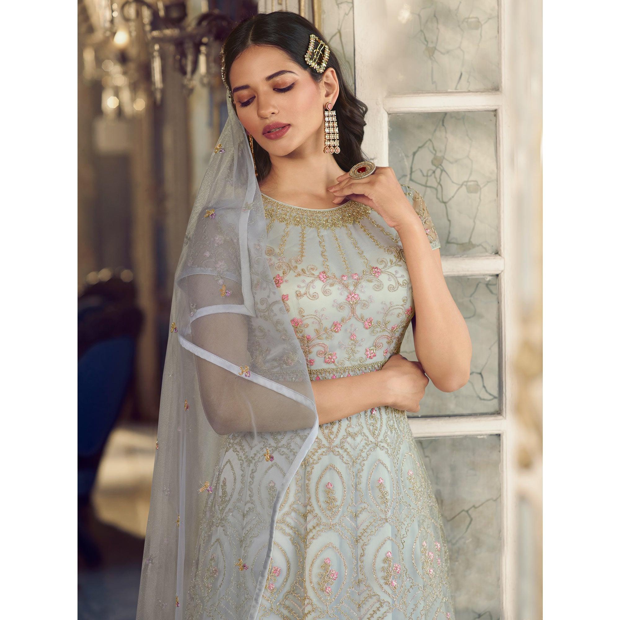 Grey Embroidered Netted Anarkali Style Gown - Peachmode
