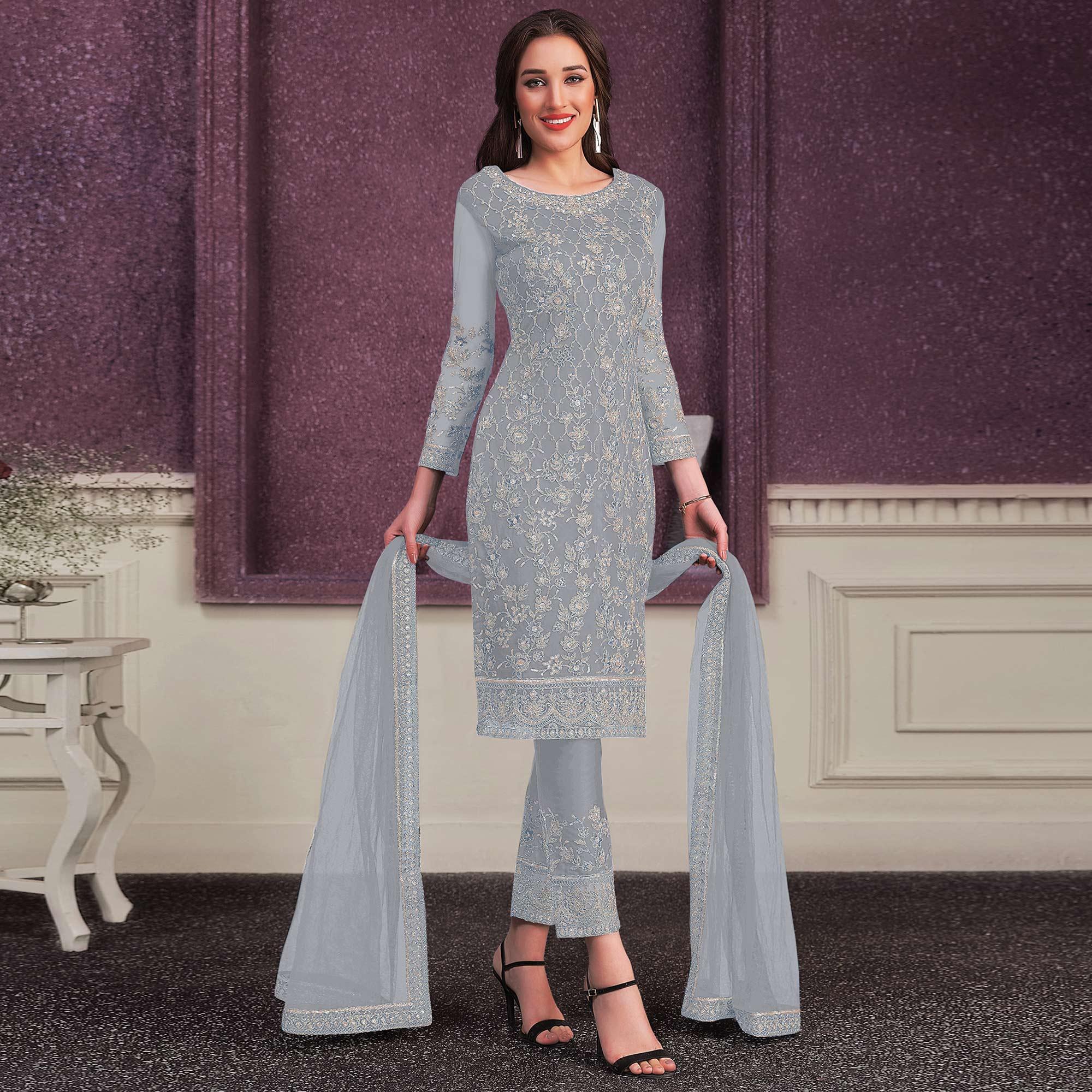 Grey Embroidered Netted Suit - Peachmode