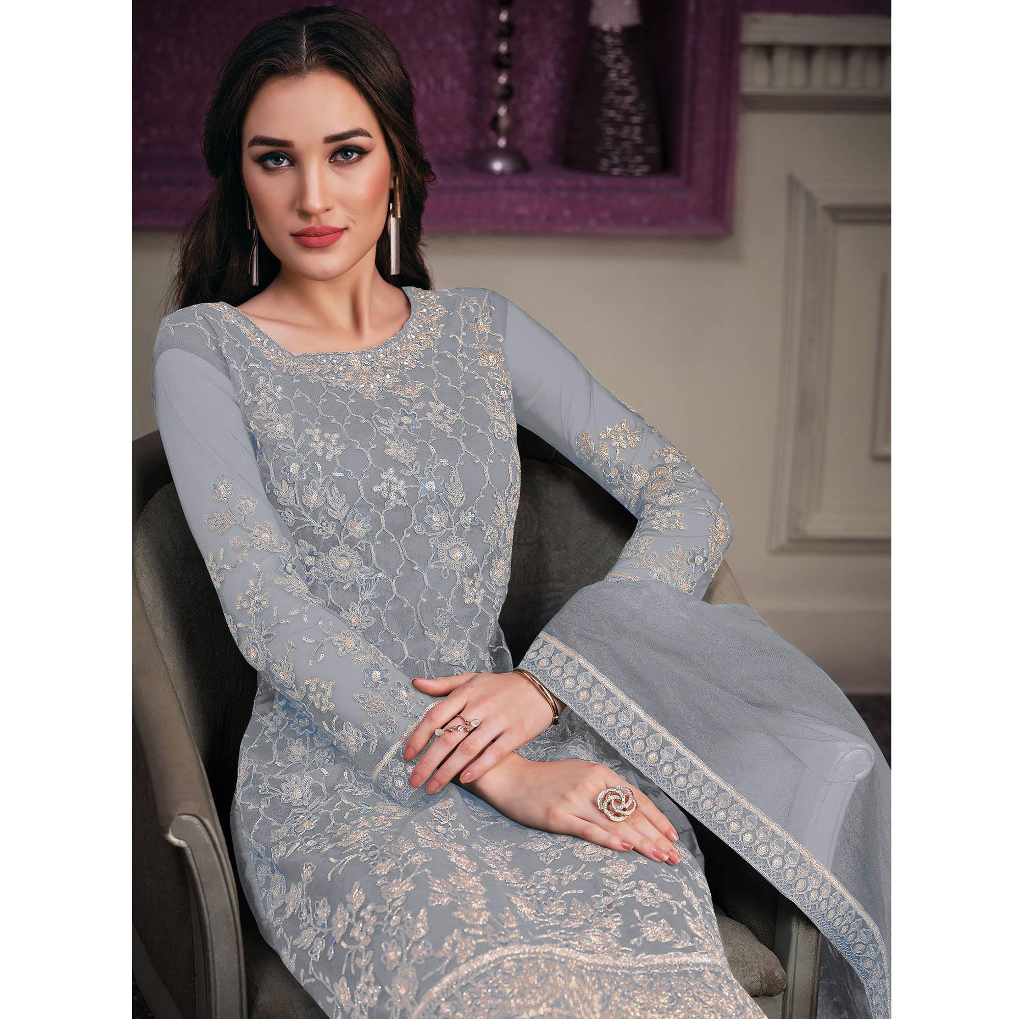 Grey Embroidered Netted Suit - Peachmode