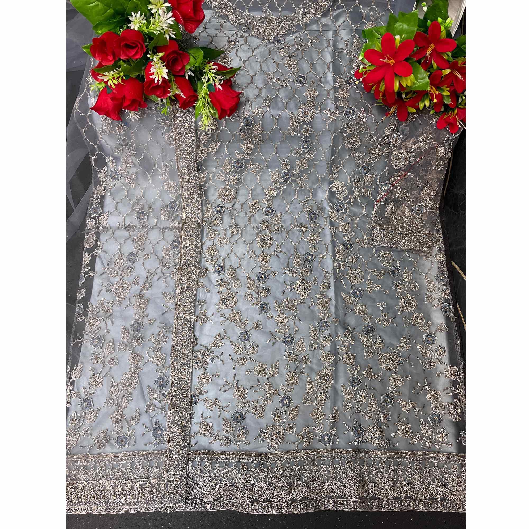 Grey Embroidered Netted Suit - Peachmode