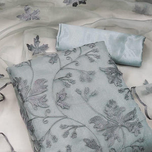 Grey Embroidered Organza Dress Material - Peachmode