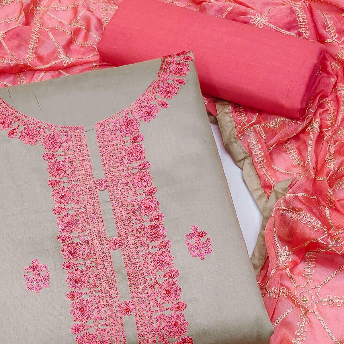 Grey Embroidered Poly Cotton Dress Material - Peachmode