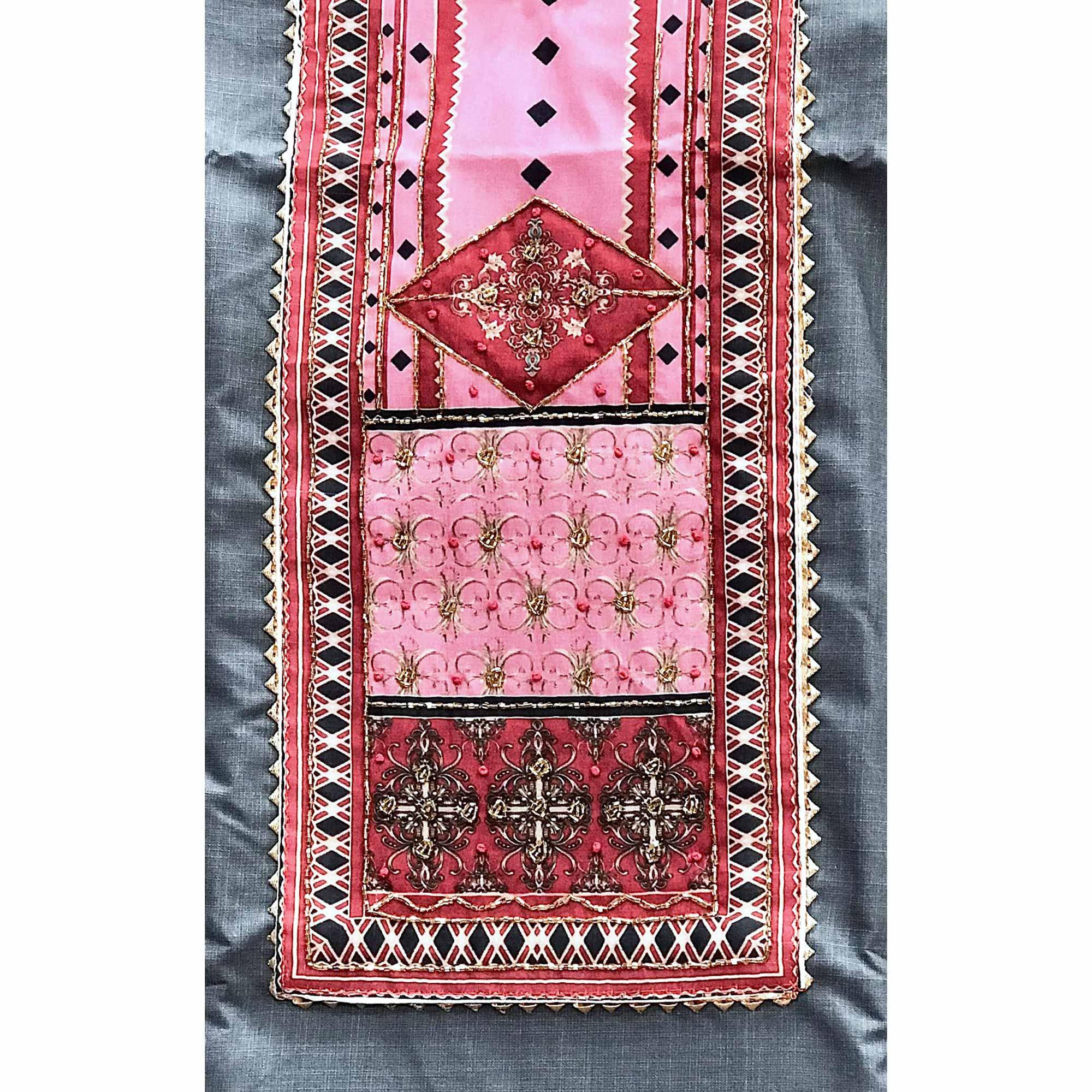 Grey Embroidered Poly Cotton Dress Material - Peachmode
