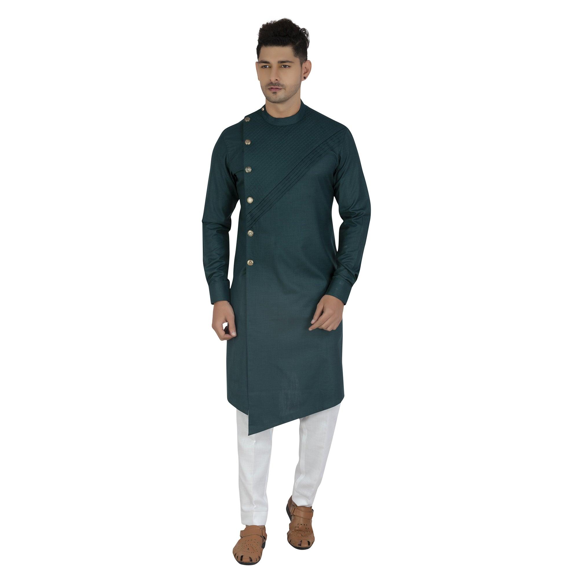 Grey Embroidered Poly Cotton Men's Kurta Pyjama Set - Peachmode