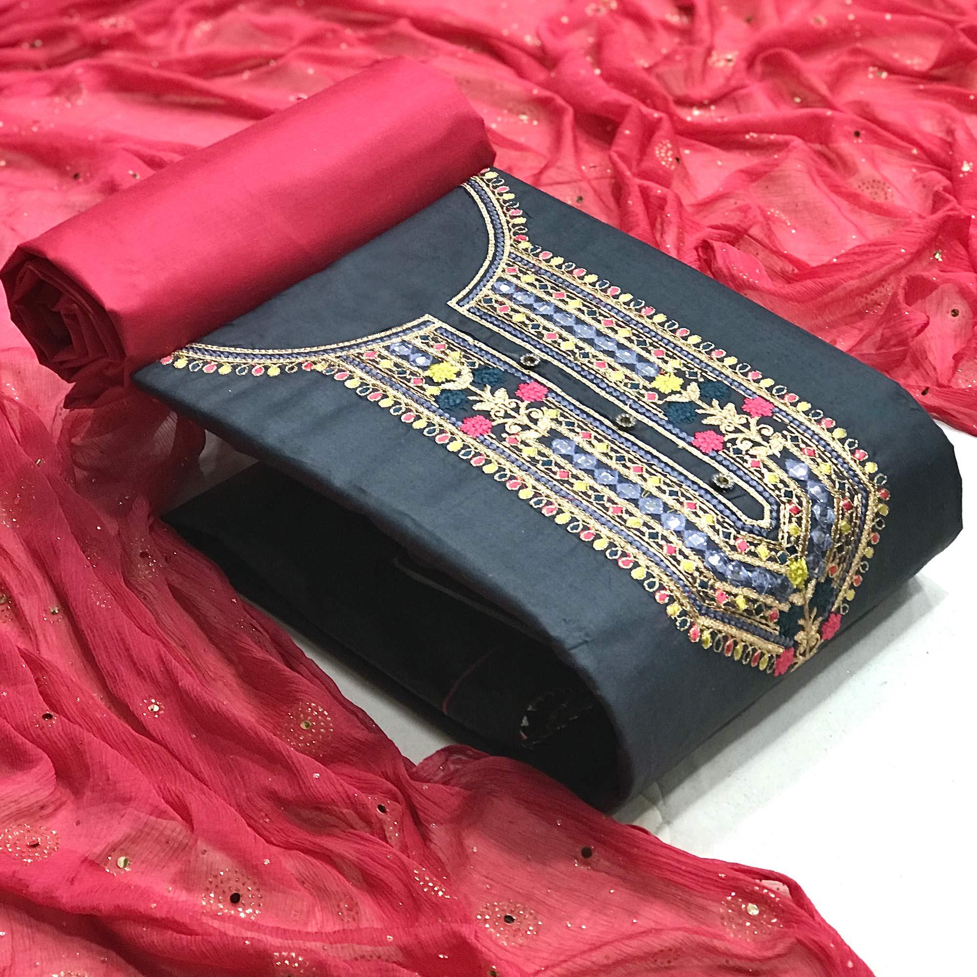 Grey Embroidered Pure Cotton Dress Material - Peachmode