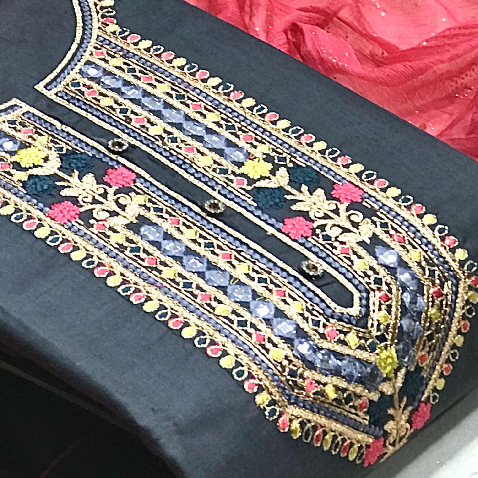 Grey Embroidered Pure Cotton Dress Material - Peachmode