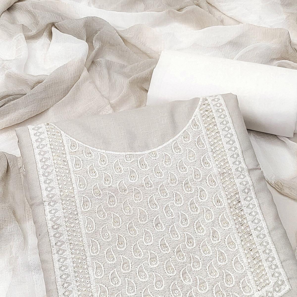 Grey Embroidered Pure Cotton Dress Material - Peachmode