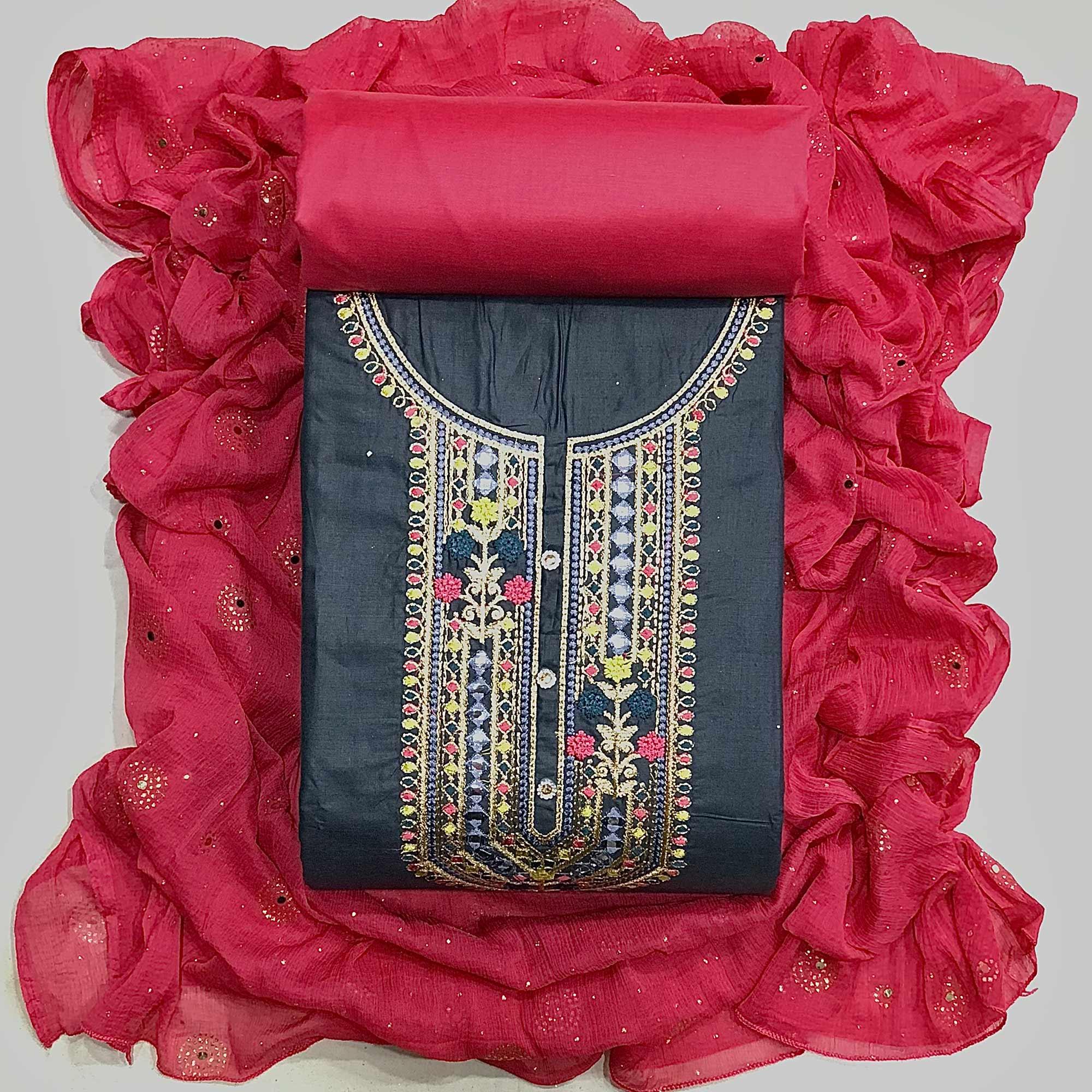 Grey Embroidered Pure Cotton Dress Material - Peachmode