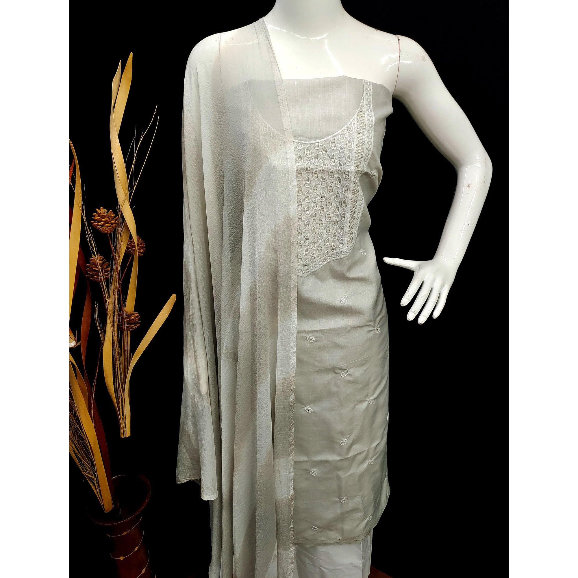 Grey Embroidered Pure Cotton Dress Material - Peachmode