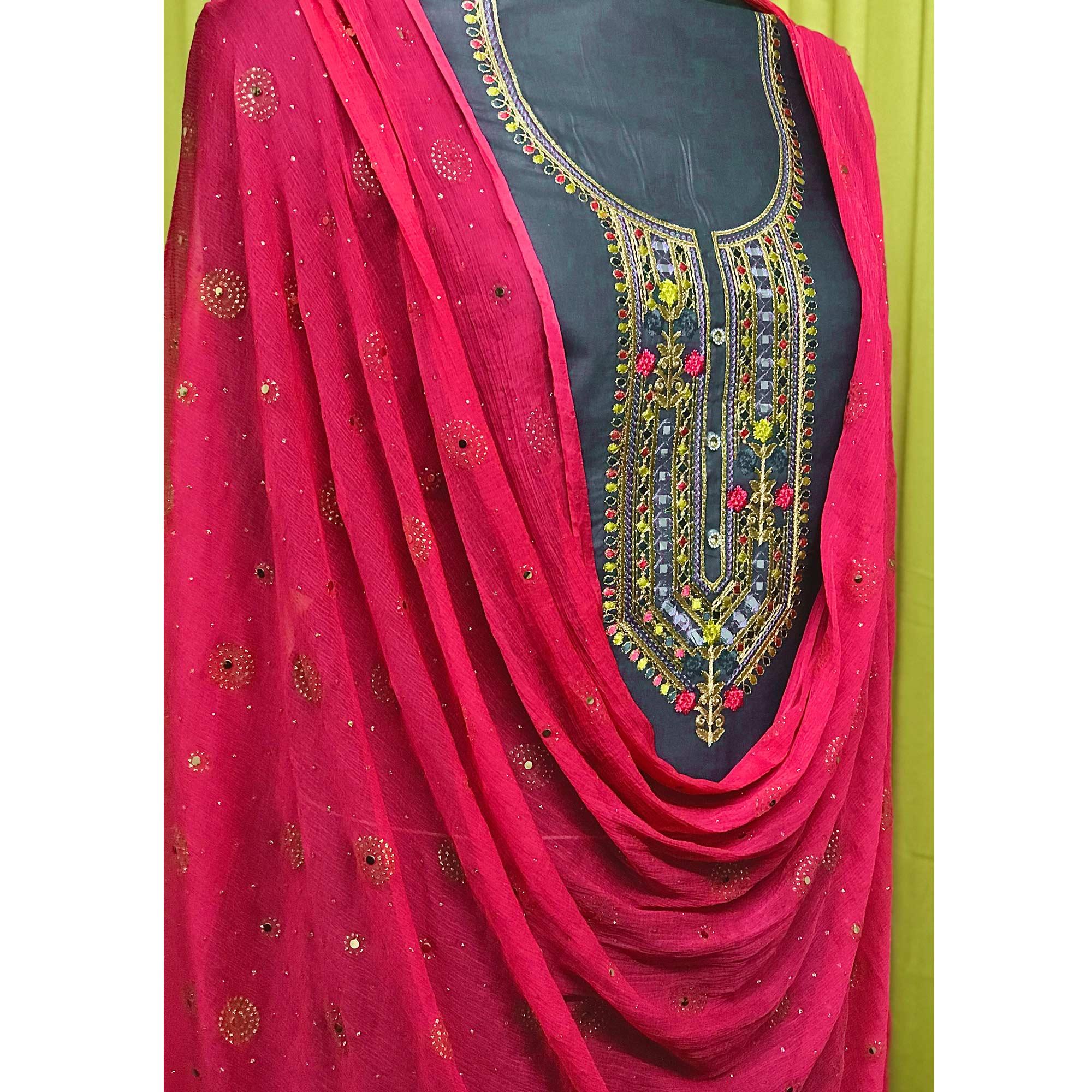 Grey Embroidered Pure Cotton Dress Material - Peachmode