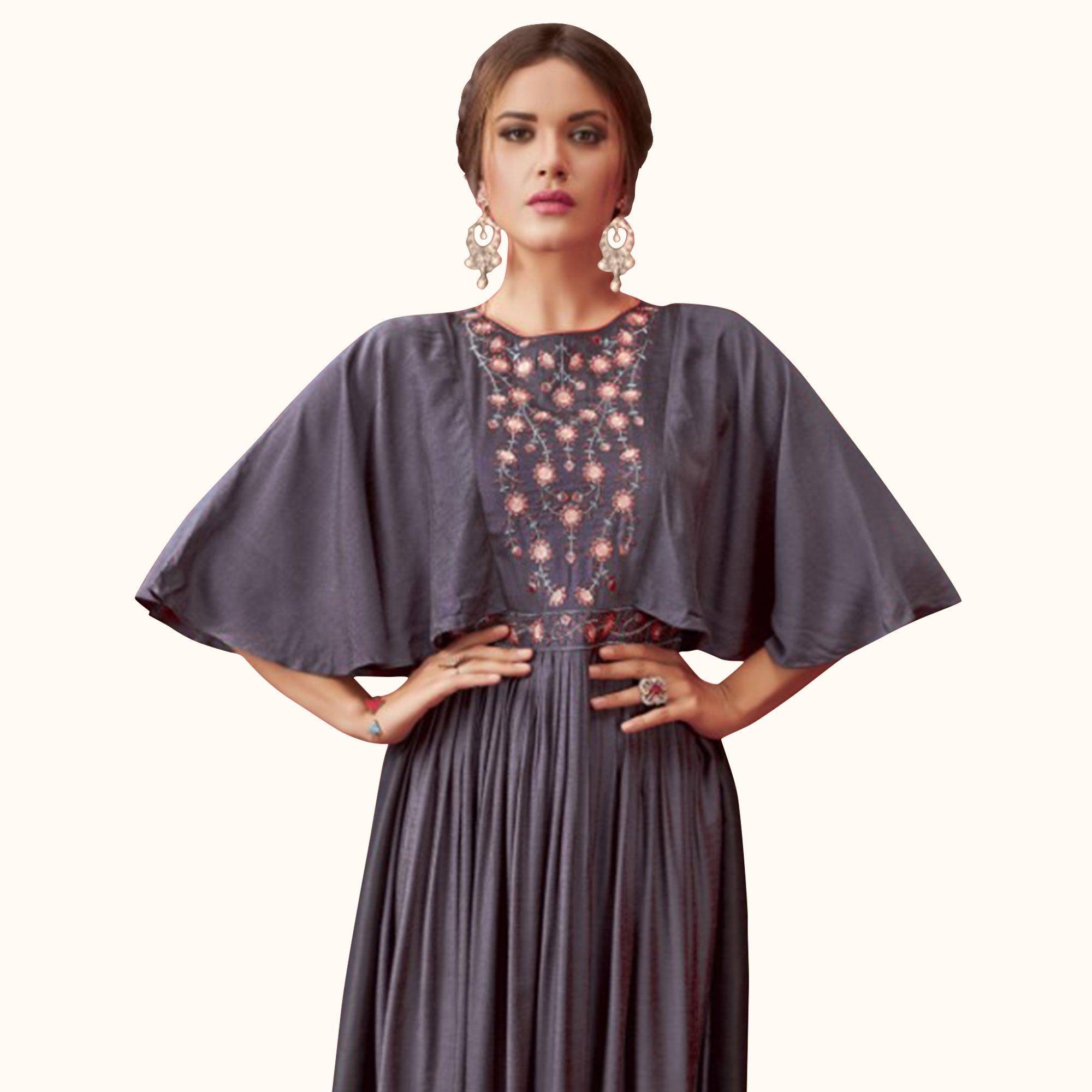 Grey Embroidered Pure Cotton Gown - Peachmode