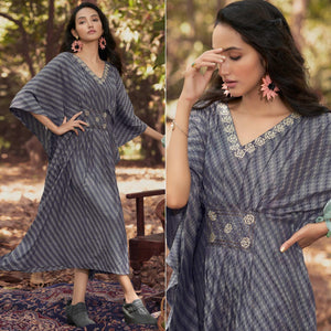 Grey Embroidered Rayon Kaftan - Peachmode