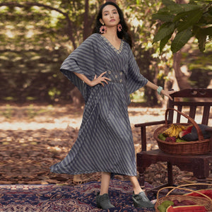 Grey Embroidered Rayon Kaftan - Peachmode