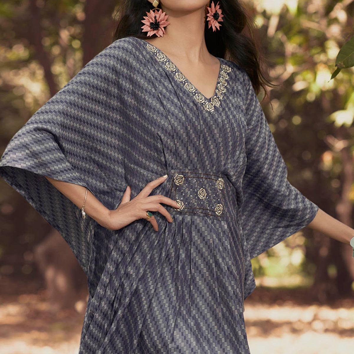 Grey Embroidered Rayon Kaftan - Peachmode