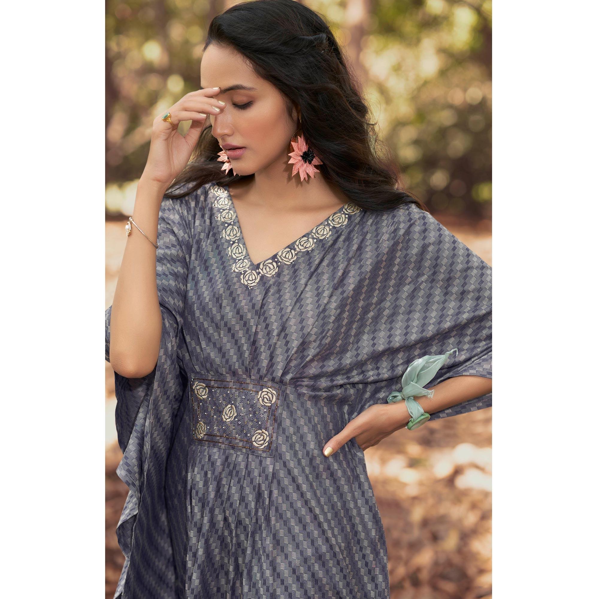 Grey Embroidered Rayon Kaftan - Peachmode