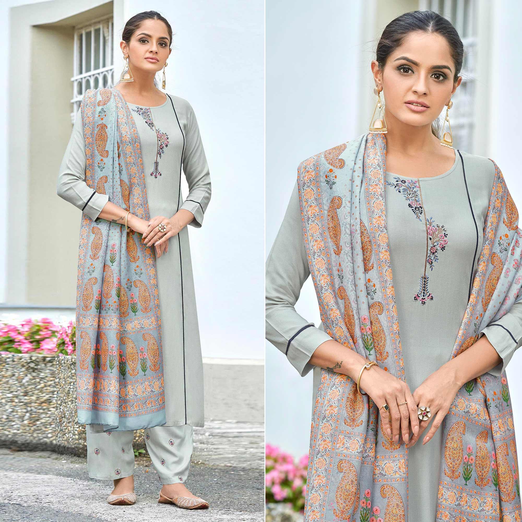 Grey Embroidered Rayon Kurti Pant Set With Dupatta - Peachmode