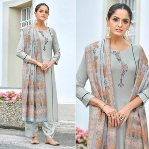 Grey Embroidered Rayon Kurti Pant Set With Dupatta - Peachmode