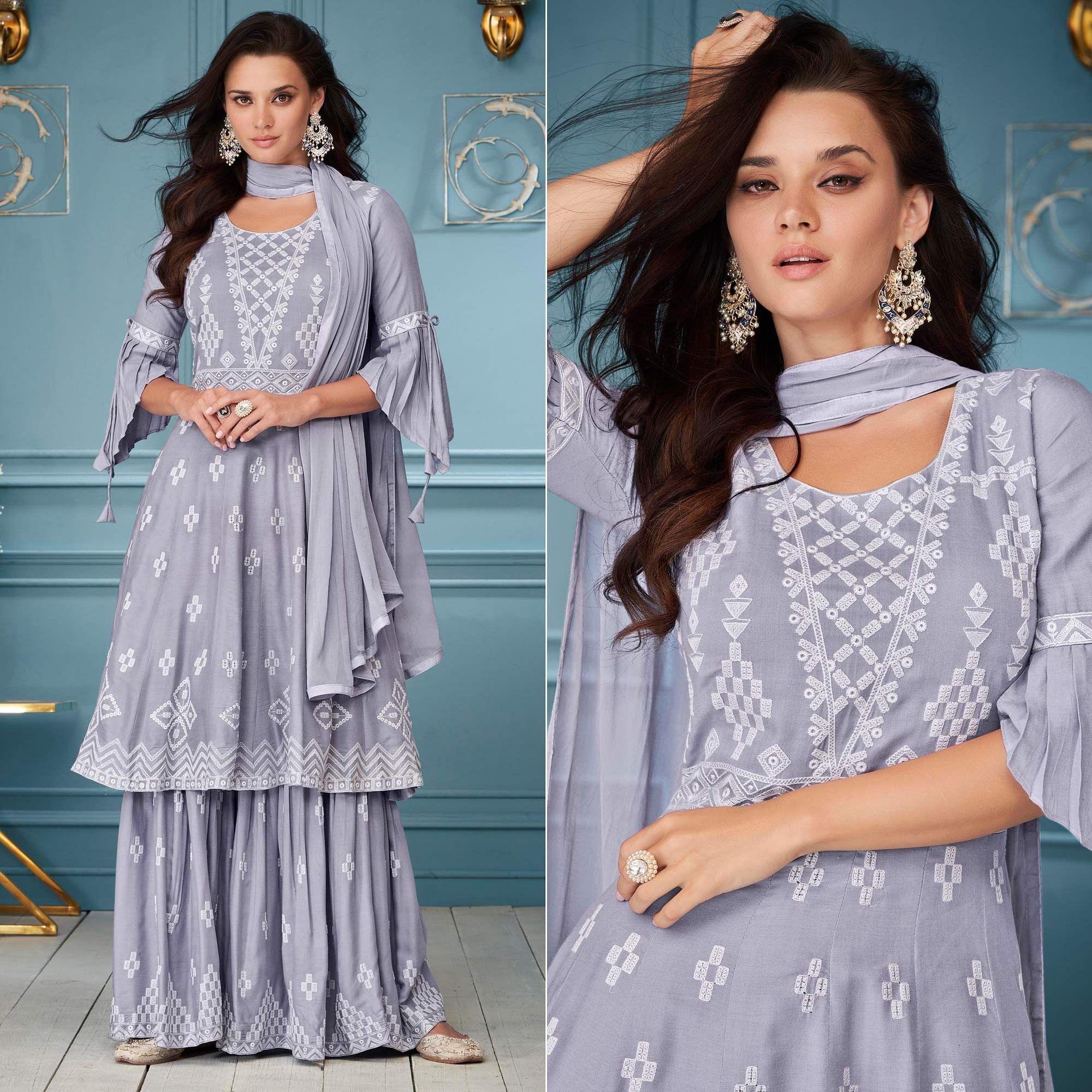 Grey Embroidered Rayon Sharara Suit - Peachmode