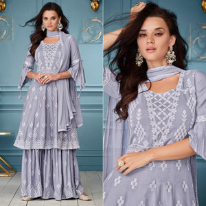 Grey Embroidered Rayon Sharara Suit - Peachmode