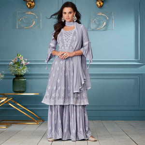 Grey Embroidered Rayon Sharara Suit - Peachmode