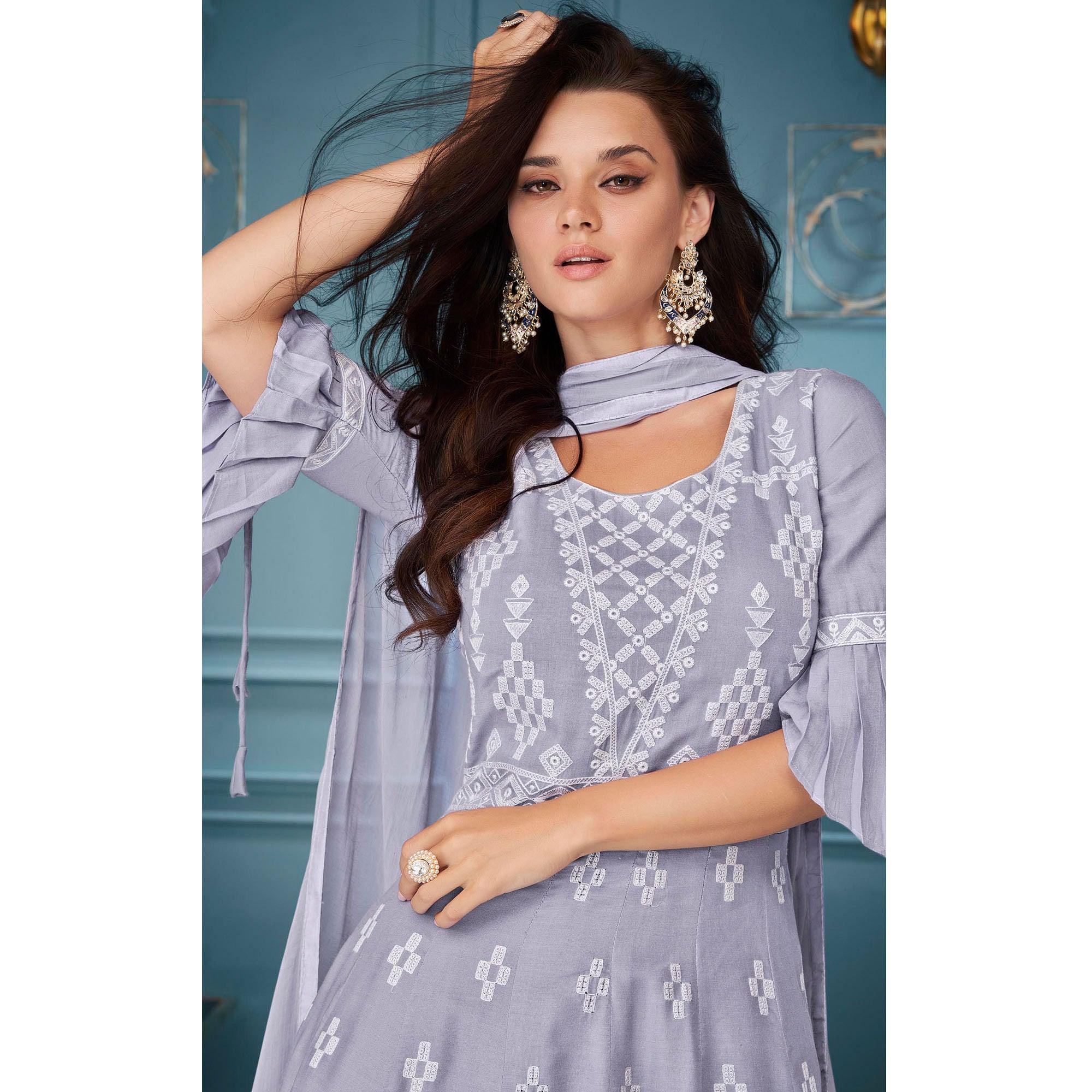 Grey Embroidered Rayon Sharara Suit - Peachmode