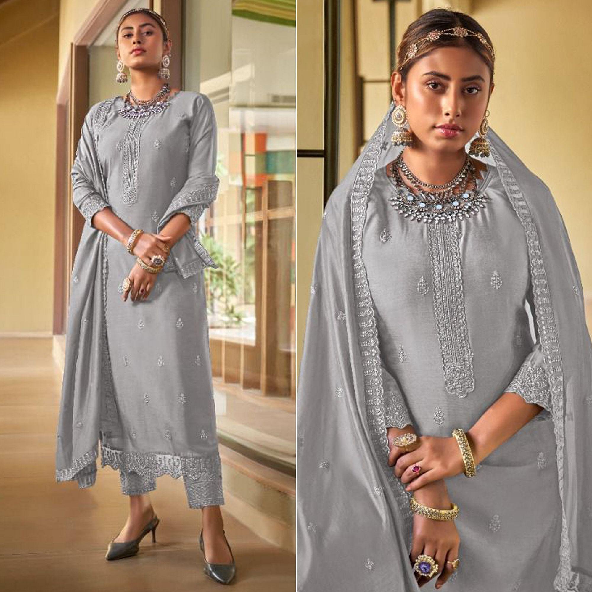 Grey Embroidered Viscose Kurti Pant Set With Dupatta - Peachmode