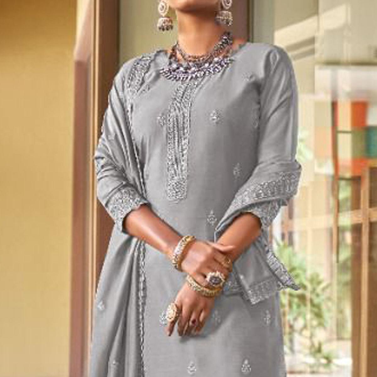 Grey Embroidered Viscose Kurti Pant Set With Dupatta - Peachmode