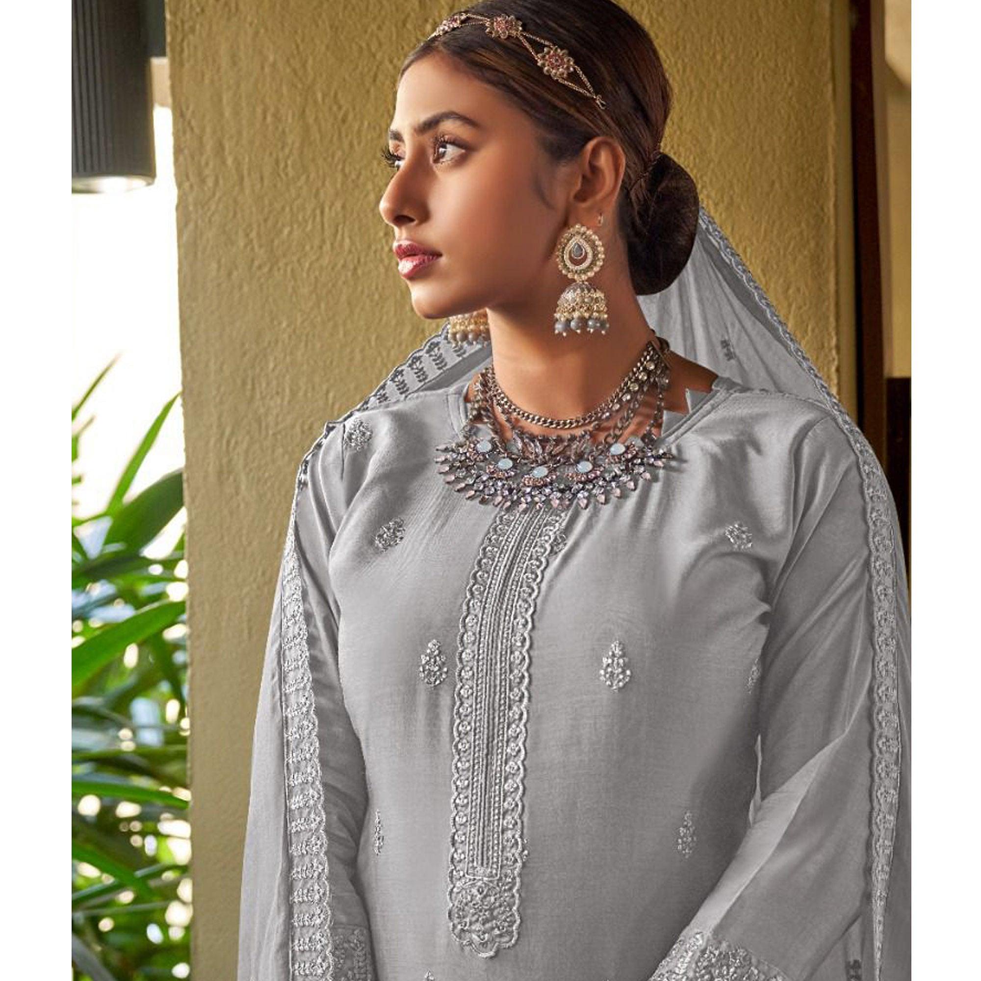 Grey Embroidered Viscose Kurti Pant Set With Dupatta - Peachmode