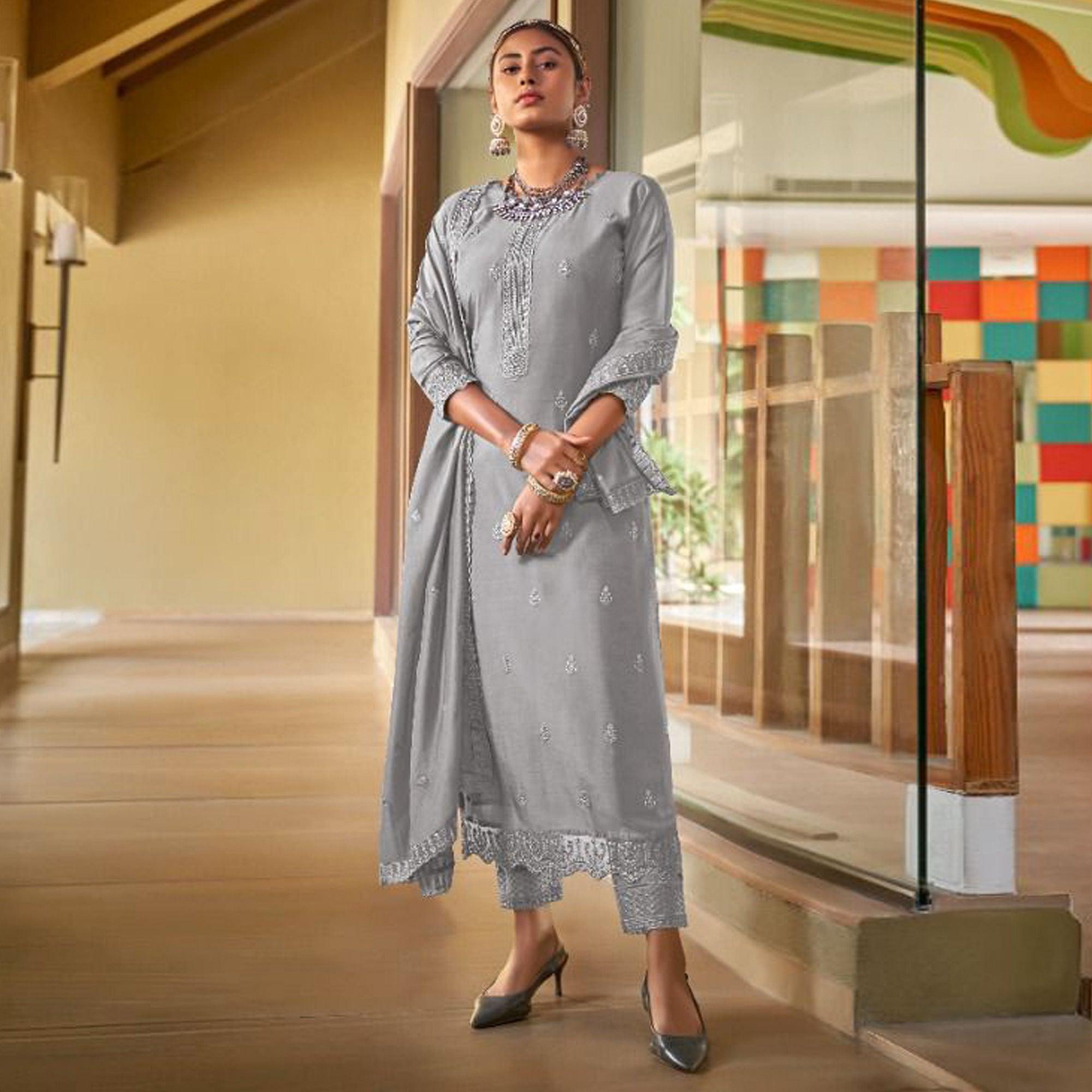 Grey Embroidered Viscose Kurti Pant Set With Dupatta - Peachmode