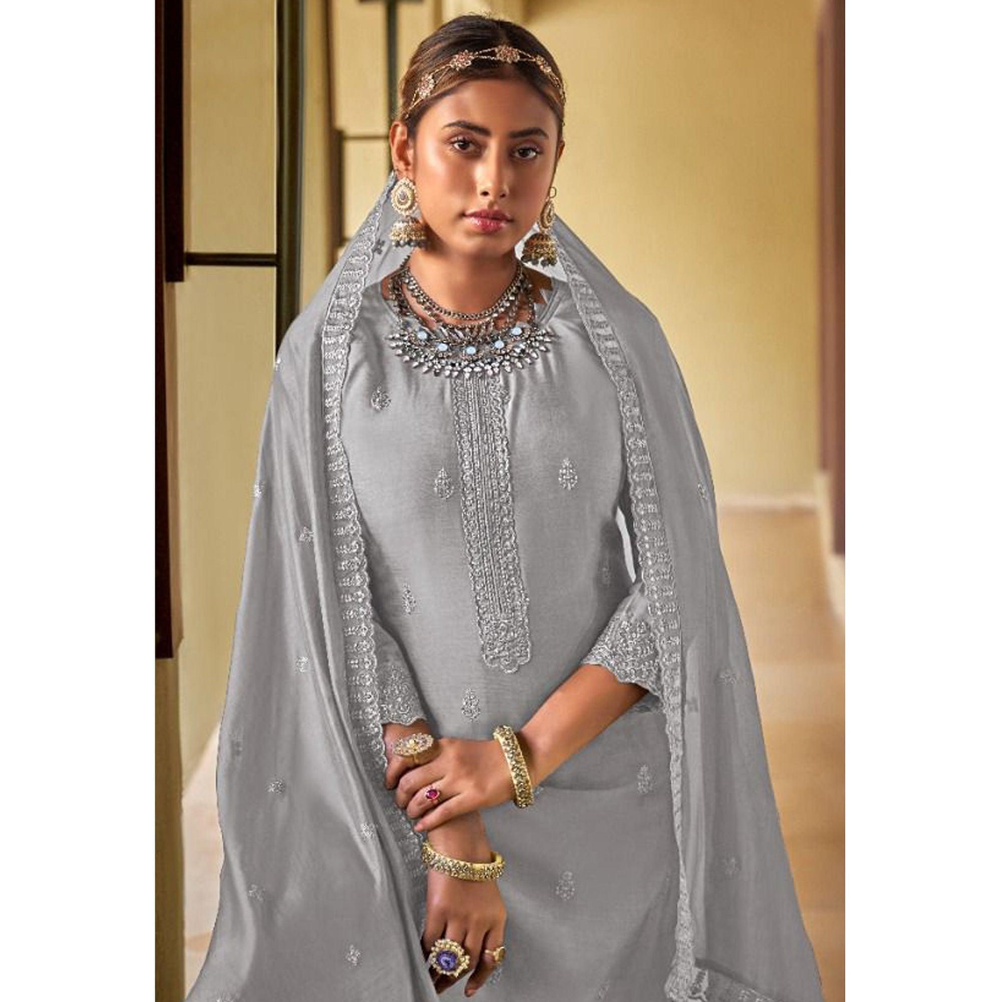 Grey Embroidered Viscose Kurti Pant Set With Dupatta - Peachmode