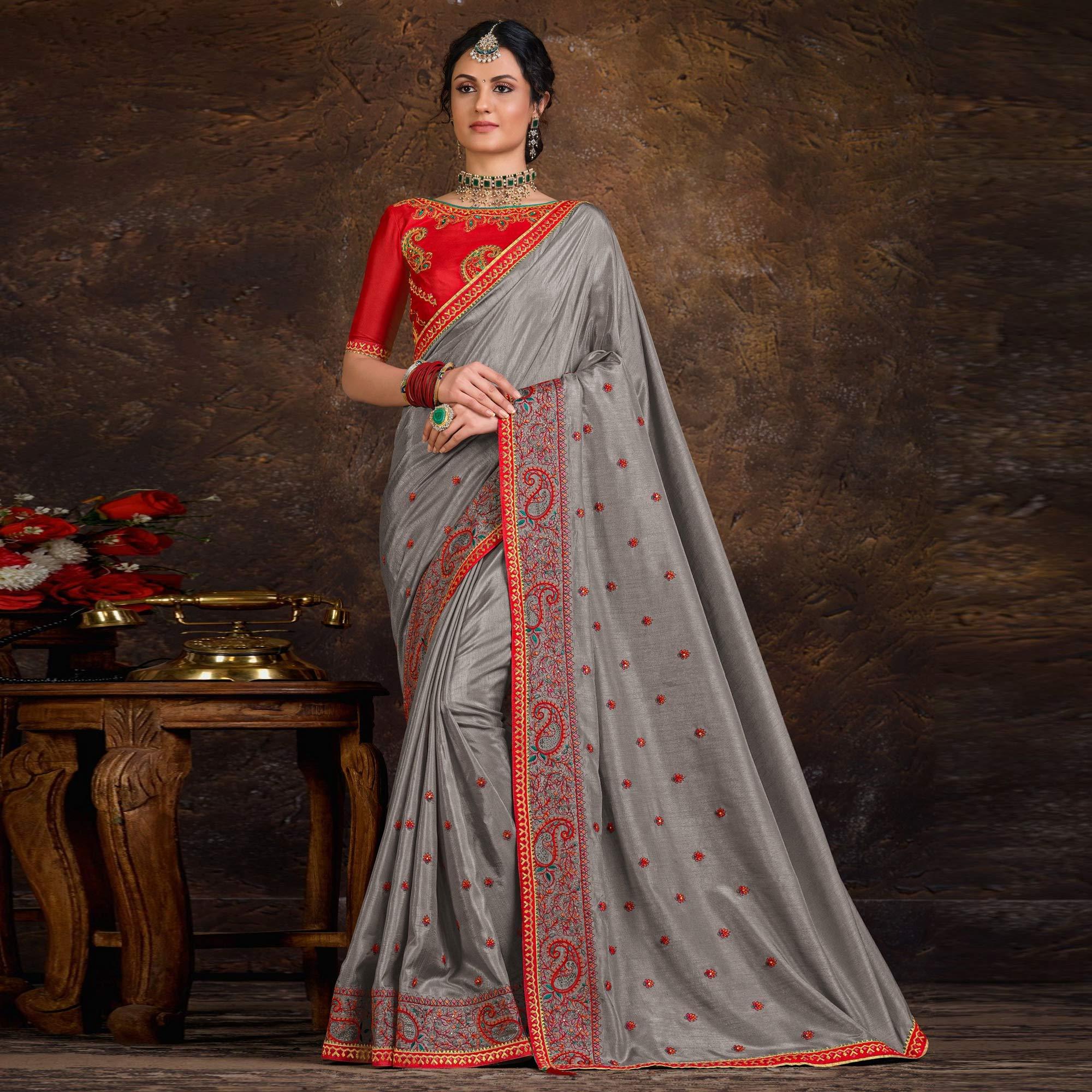 Grey Embroidered With Embellished Art Silk Saree - Peachmode