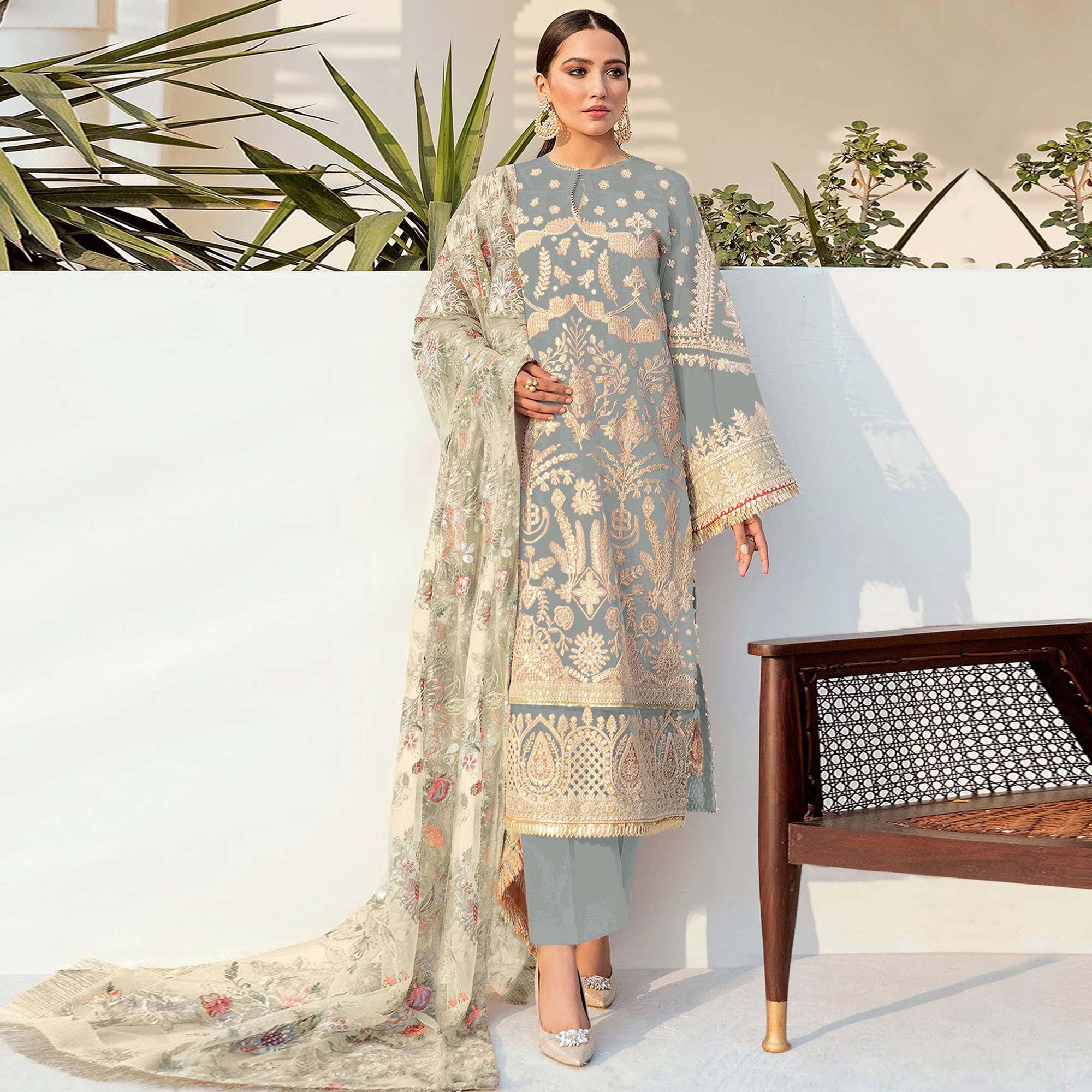 Grey Embroidered With Embellished Georgette Pakistani Suit - Peachmode