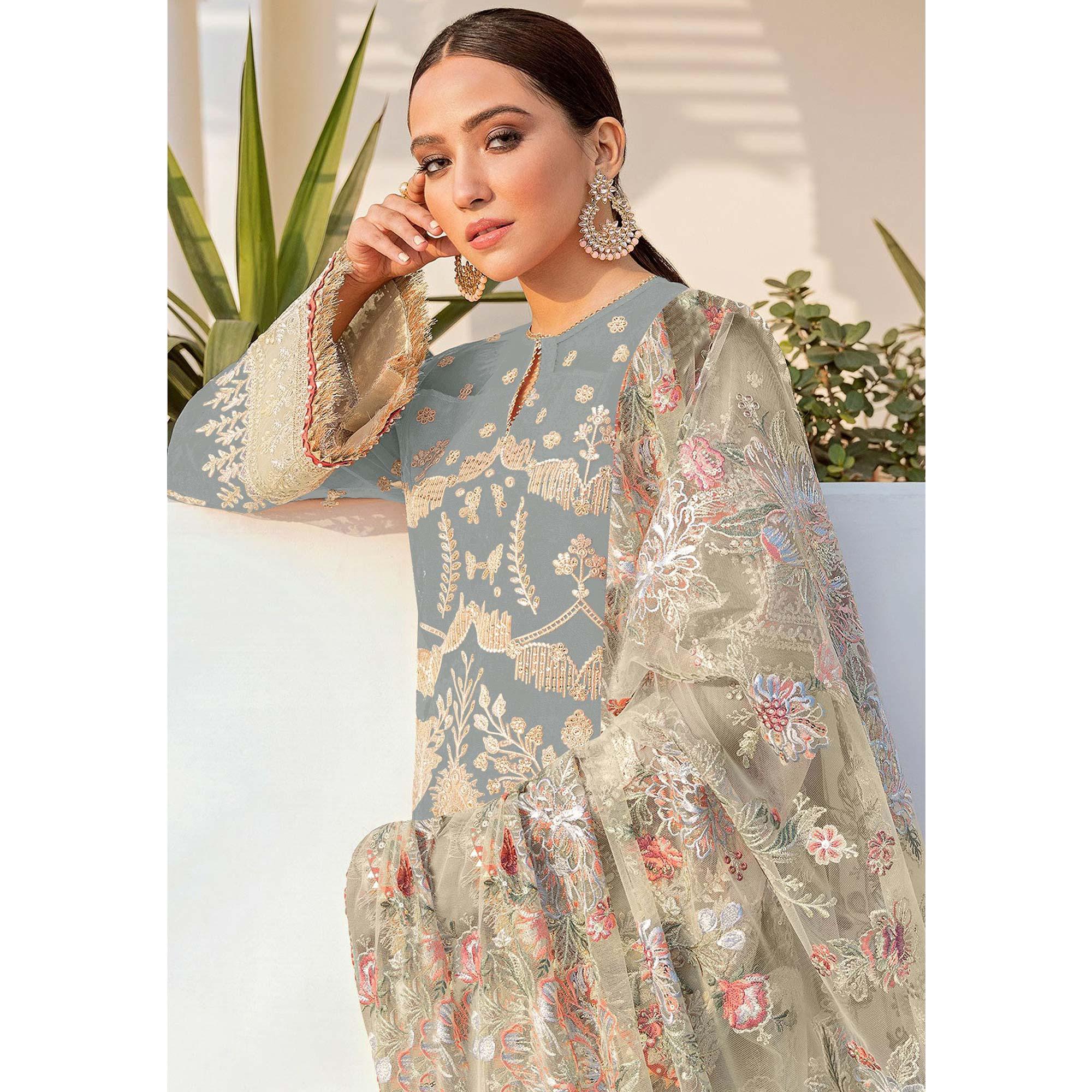 Grey Embroidered With Embellished Georgette Pakistani Suit - Peachmode