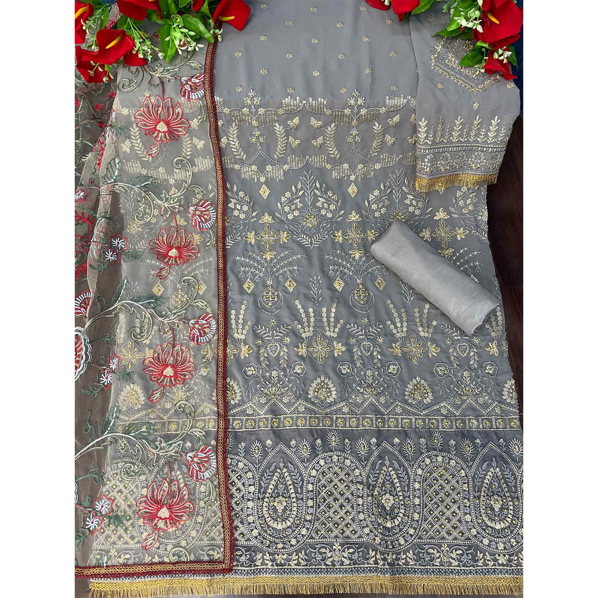 Grey Embroidered With Embellished Georgette Pakistani Suit - Peachmode