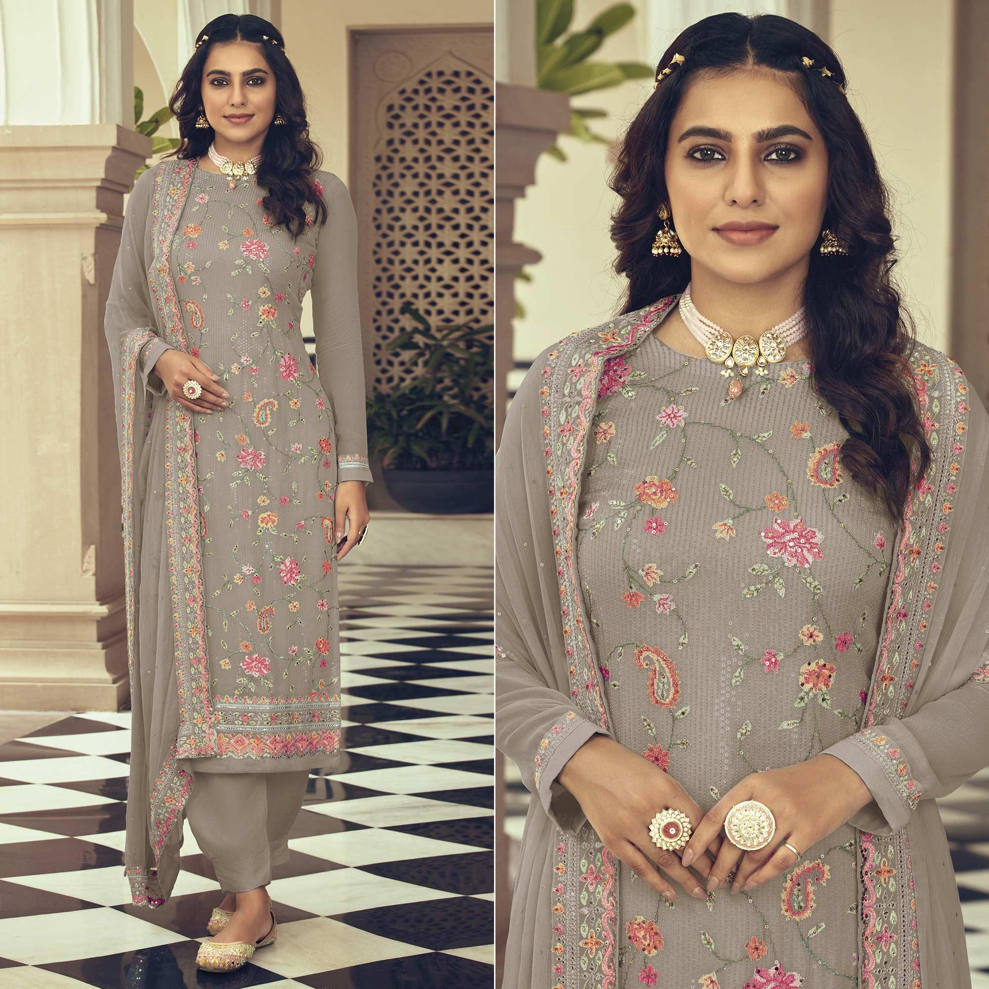 Grey Embroidered With Embellished Georgette Salwar Suit - Peachmode