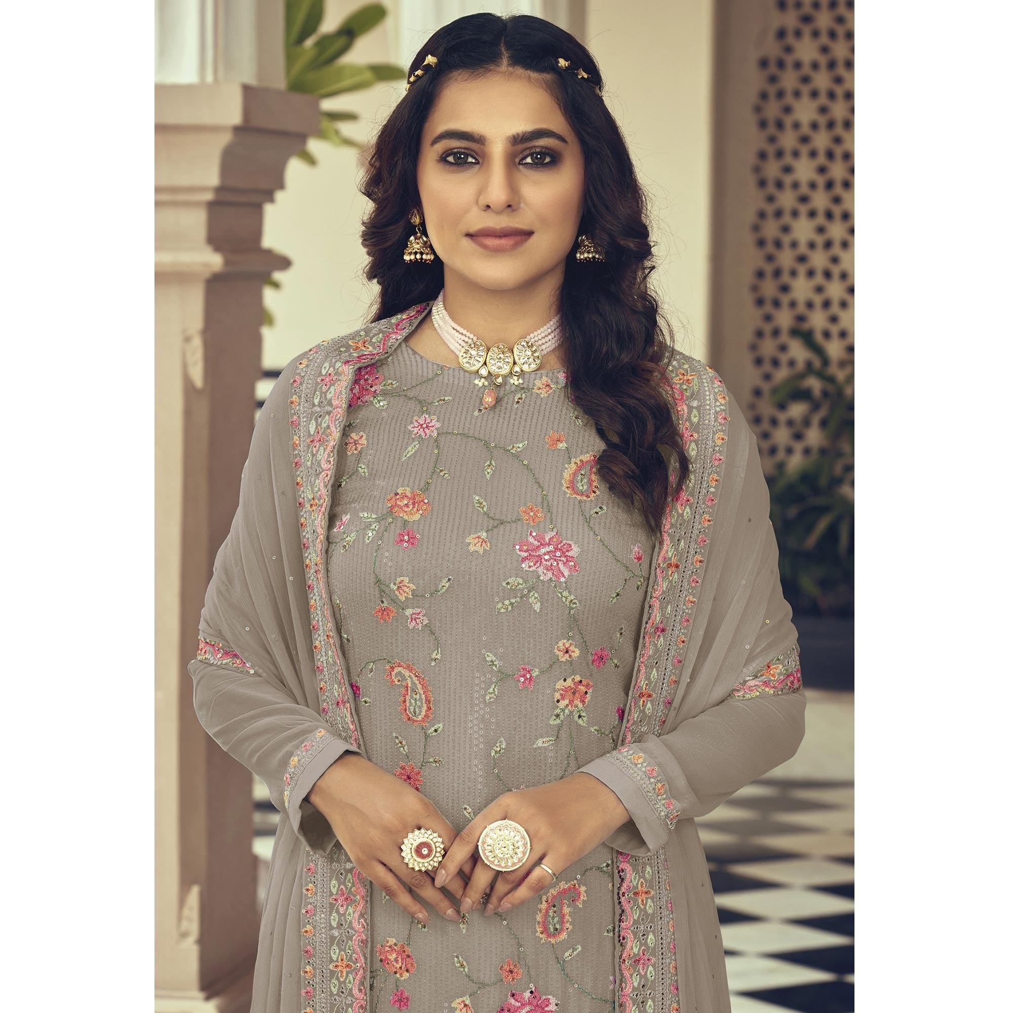 Grey Embroidered With Embellished Georgette Salwar Suit - Peachmode