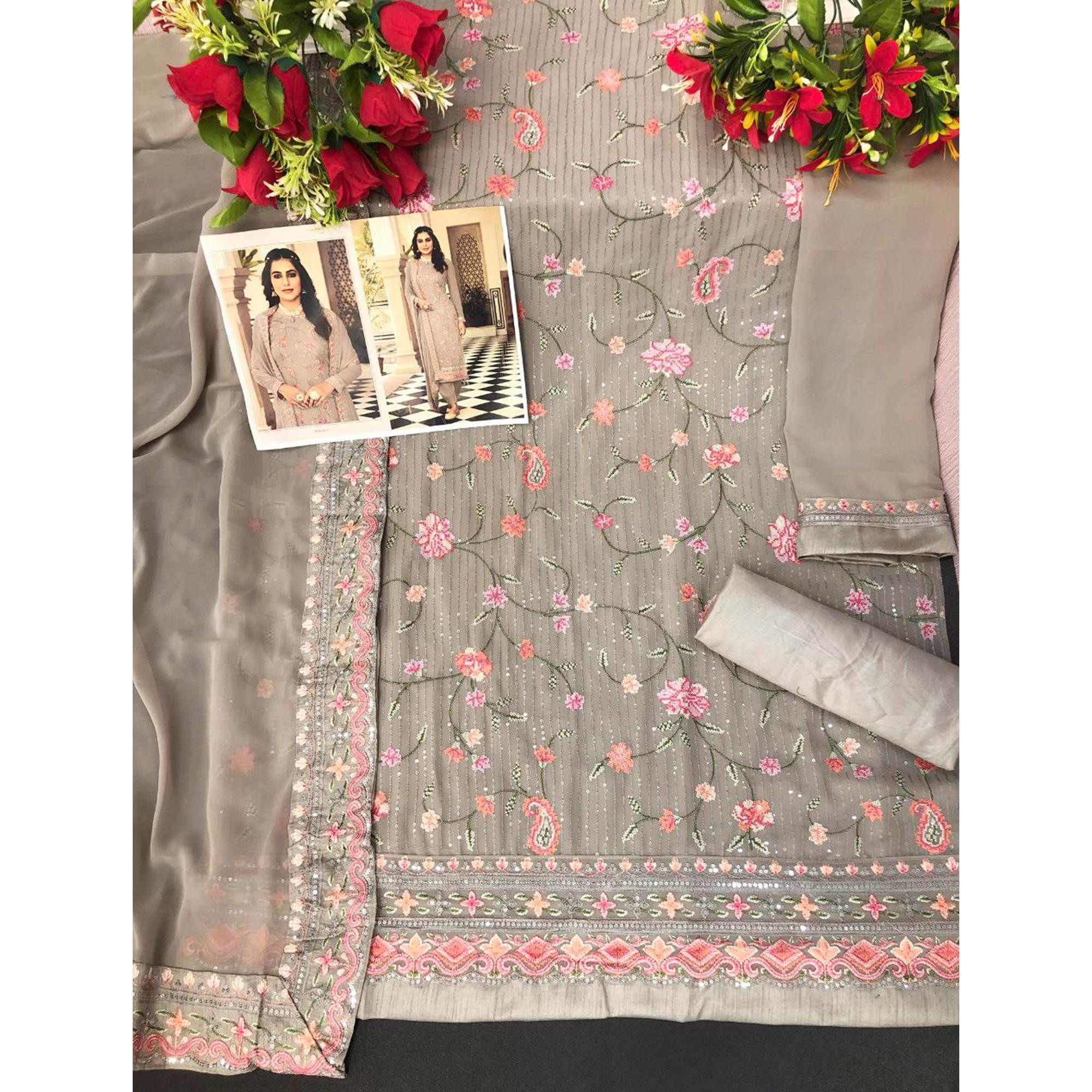 Grey Embroidered With Embellished Georgette Salwar Suit - Peachmode