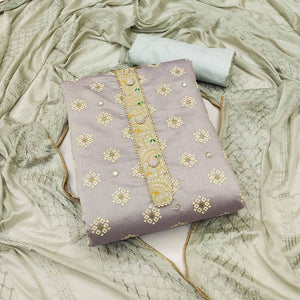 Grey Embroidered With Mirror Work Chanderi Dress Material - Peachmode