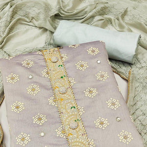 Grey Embroidered With Mirror Work Chanderi Dress Material - Peachmode