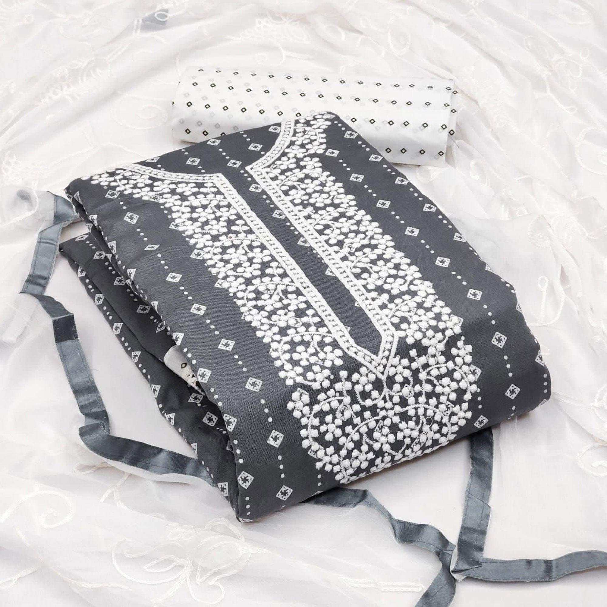 Grey Embroidered With Printed Rayon Dress Material - Peachmode