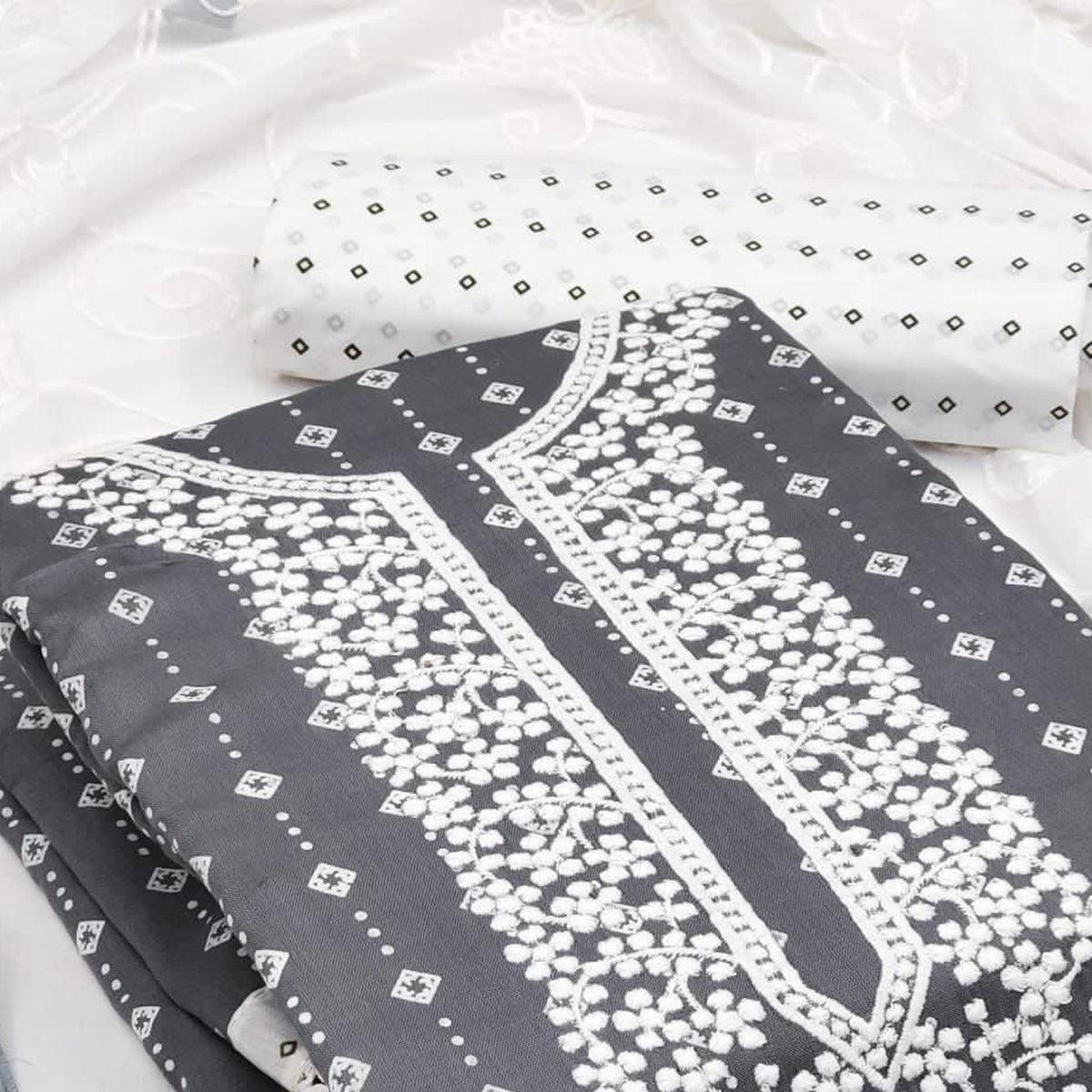 Grey Embroidered With Printed Rayon Dress Material - Peachmode
